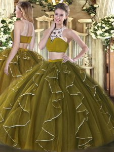 Great Olive Green Backless 15th Birthday Dress Beading and Ruffles Sleeveless Floor Length
