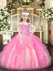 Elegant Rose Pink Sleeveless Beading and Ruffles Floor Length Little Girl Pageant Dress