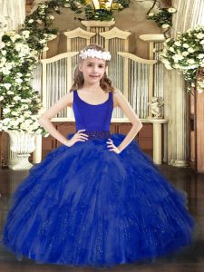 Royal Blue Ball Gowns Tulle Scoop Sleeveless Beading and Ruffles Floor Length Zipper Pageant Dress Wholesale