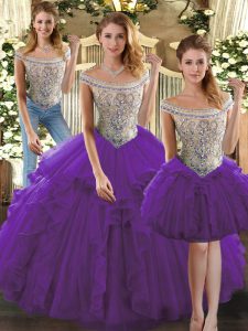 Purple Lace Up Bateau Beading and Ruffles Sweet 16 Dress Organza Sleeveless