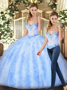 Chic Lavender Ball Gowns Beading and Ruffles Quinceanera Dresses Lace Up Organza Sleeveless Floor Length