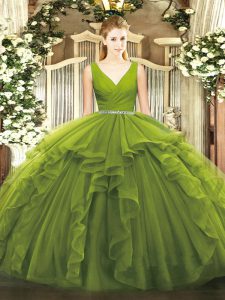 Olive Green Ball Gowns V-neck Sleeveless Tulle Floor Length Zipper Beading and Ruffles 15 Quinceanera Dress