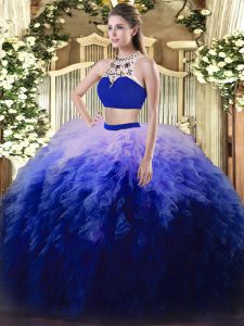 Custom Design Sleeveless Beading and Ruffles Backless 15th Birthday Dress
