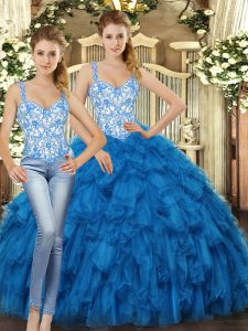 Shining Blue Ball Gowns Organza Straps Sleeveless Beading and Ruffles Floor Length Lace Up Quinceanera Dresses