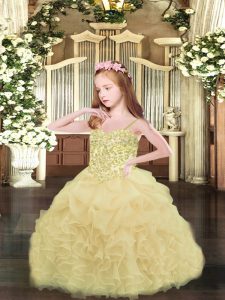 Champagne Organza Lace Up Winning Pageant Gowns Sleeveless Asymmetrical Appliques and Ruffles and Pick Ups