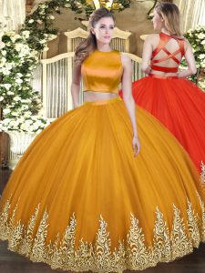 Orange High-neck Neckline Appliques Sweet 16 Quinceanera Dress Sleeveless Criss Cross