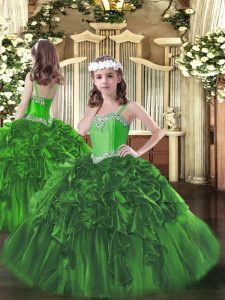 Ball Gowns Pageant Dresses Dark Green Straps Organza Sleeveless Floor Length Lace Up