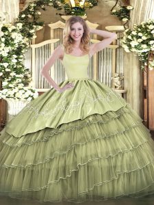 Low Price Olive Green Sweet 16 Dresses Military Ball and Sweet 16 and Quinceanera with Embroidery and Ruffled Layers Straps Sleeveless Zipper