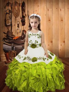 Olive Green Ball Gowns Organza Straps Sleeveless Embroidery and Ruffles Floor Length Lace Up Glitz Pageant Dress