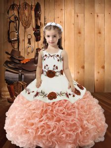 Best Sleeveless Lace Up Floor Length Embroidery and Ruffles Little Girl Pageant Dress