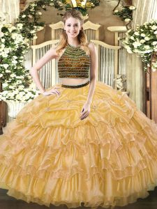 Best Selling Halter Top Sleeveless Zipper Quinceanera Gowns Gold Organza