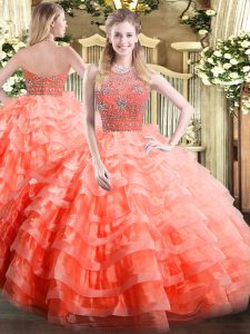 Customized Floor Length Orange Red Quince Ball Gowns Organza Sleeveless Beading and Ruffled Layers
