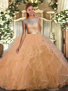 Top Selling Champagne Organza and Tulle Backless Sweet 16 Dress Sleeveless Floor Length Lace and Ruffles and Sashes ribbons