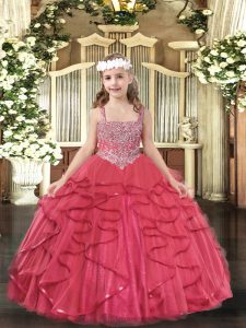 Ball Gowns Pageant Dress for Teens Coral Red Straps Tulle Sleeveless Floor Length Lace Up