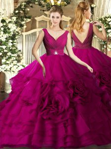 Fuchsia Ball Gowns V-neck Sleeveless Organza Floor Length Backless Beading and Ruching Quince Ball Gowns