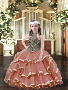 Admirable Organza Halter Top Sleeveless Lace Up Beading and Ruffled Layers Evening Gowns in Rust Red