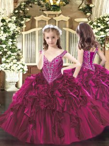 Fantastic V-neck Sleeveless Lace Up Pageant Gowns For Girls Fuchsia Organza
