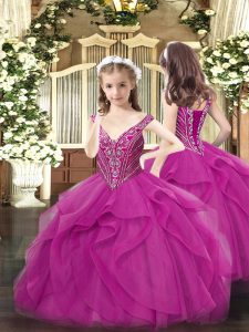 Fuchsia Little Girls Pageant Gowns Party and Quinceanera with Beading and Ruffles V-neck Sleeveless Lace Up