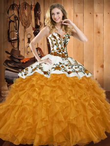 Sweetheart Sleeveless Sweet 16 Dresses Floor Length Embroidery and Ruffles Gold Satin and Organza