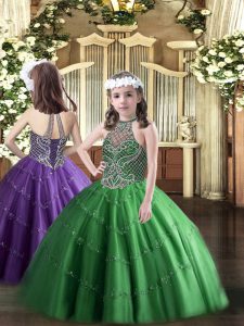 Low Price Green Tulle Lace Up Pageant Dress Toddler Sleeveless Floor Length Beading