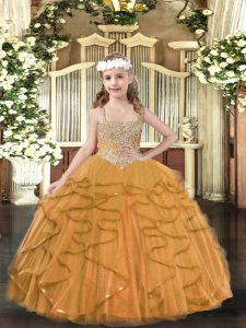 Orange Straps Neckline Beading and Ruffles Little Girls Pageant Dress Wholesale Sleeveless Lace Up