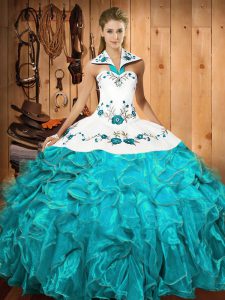 Smart Aqua Blue Ball Gowns Halter Top Sleeveless Satin and Organza Floor Length Lace Up Embroidery and Ruffles Quinceanera Dress