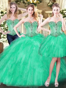 High Class Sweetheart Sleeveless Sweet 16 Dresses Floor Length Beading and Ruffles Green Organza