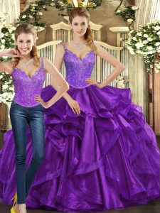 Glorious Purple Sweet 16 Dresses Military Ball and Sweet 16 and Quinceanera with Beading and Ruffles Straps Sleeveless Lace Up