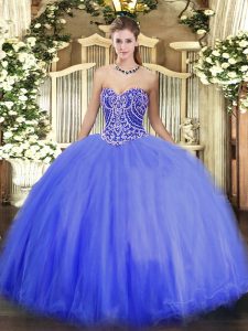 Glamorous Sleeveless Floor Length Beading Lace Up Quinceanera Gowns with Blue