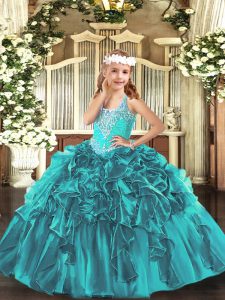 Fashionable Teal Ball Gowns Organza V-neck Sleeveless Beading and Ruffles Floor Length Lace Up Pageant Dress for Girls