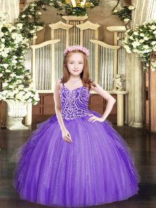High Quality Floor Length Lace Up Girls Pageant Dresses Lavender for Party and Quinceanera with Beading and Ruffles