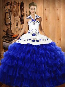 New Style Royal Blue Halter Top Lace Up Embroidery and Ruffled Layers Quince Ball Gowns Sleeveless