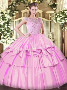 Customized Sleeveless Floor Length Beading and Ruffled Layers Zipper Quinceanera Gown with Lilac