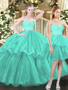 Suitable Aqua Blue Ball Gowns Sweetheart Sleeveless Tulle Floor Length Lace Up Ruffled Layers Sweet 16 Dresses