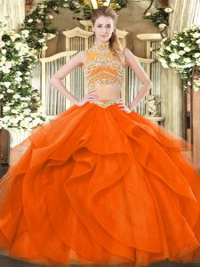 Orange Red Two Pieces High-neck Sleeveless Tulle Floor Length Backless Beading and Ruffles 15 Quinceanera Dress
