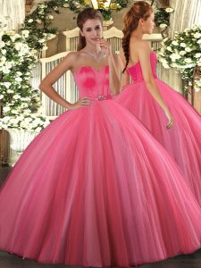 Coral Red Ball Gowns Tulle Sweetheart Sleeveless Beading Floor Length Lace Up Quince Ball Gowns