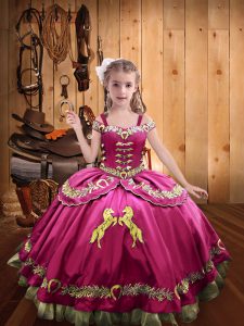 Hot Pink Ball Gowns Satin Off The Shoulder Sleeveless Beading and Embroidery Floor Length Lace Up Child Pageant Dress