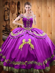 Cheap Floor Length Lace Up Quinceanera Gown Eggplant Purple for Sweet 16 and Quinceanera with Beading and Embroidery