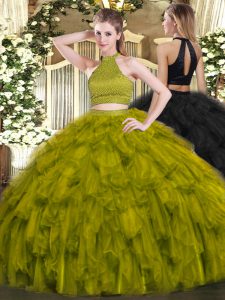 Organza Halter Top Sleeveless Backless Beading and Ruffles Quinceanera Dresses in Olive Green