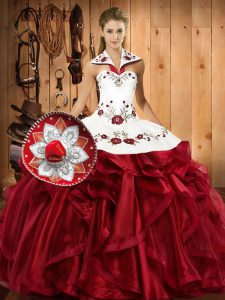Ideal Wine Red Ball Gowns Halter Top Sleeveless Organza Floor Length Lace Up Embroidery and Ruffles Quinceanera Dresses