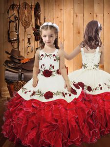 Floor Length Red Kids Formal Wear Organza Sleeveless Embroidery and Ruffles