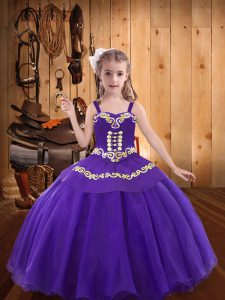 Eggplant Purple Ball Gowns Organza Straps Sleeveless Embroidery Floor Length Lace Up Winning Pageant Gowns