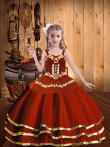 Sleeveless Organza Floor Length Lace Up Little Girl Pageant Dress in Rust Red with Embroidery and Ruffles