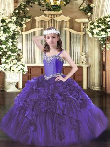 Wonderful Purple Ball Gowns Organza Straps Sleeveless Beading and Ruffles Floor Length Lace Up Little Girls Pageant Gowns