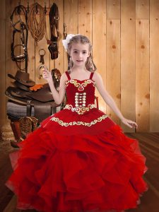 Low Price Floor Length Lace Up Little Girl Pageant Dress Red for Party and Sweet 16 and Quinceanera and Wedding Party with Embroidery and Ruffles