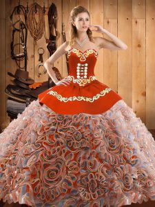 Gorgeous Sweep Train Ball Gowns Quinceanera Dresses Multi-color Sweetheart Satin and Fabric With Rolling Flowers Sleeveless With Train Lace Up
