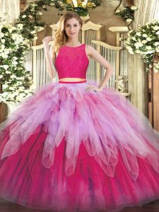 Hot Sale Hot Pink Scoop Neckline Lace and Ruffles Sweet 16 Quinceanera Dress Sleeveless Zipper
