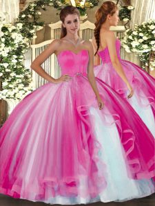 Most Popular Hot Pink Lace Up Vestidos de Quinceanera Beading Sleeveless Floor Length
