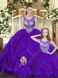 Smart Eggplant Purple Ball Gowns Beading and Ruffles Quince Ball Gowns Lace Up Tulle Sleeveless Floor Length