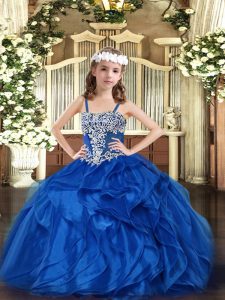 Amazing Appliques and Ruffles Evening Gowns Blue Lace Up Sleeveless Floor Length